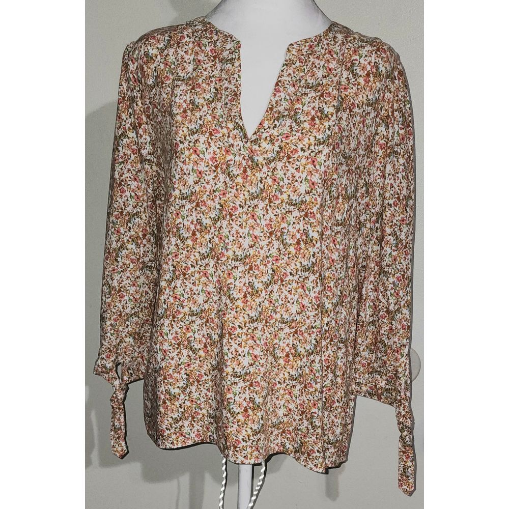 Cynthia Rowley Floral Tie Sleeve V-Neck Blouse Cottagecore Romantic Top Size L
